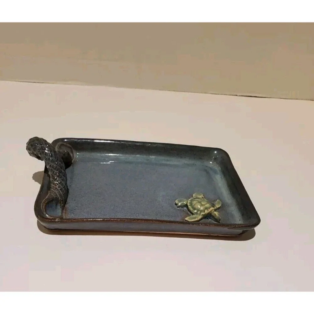 Turtle Soap Dish Tray W/ Raised & Scaley Snake Handle Decor Tray Rare